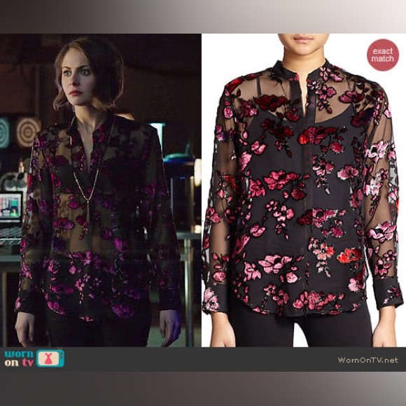 Alice + Olivia Floral Velvet Flocked Sheer Chiffon Shirt Blouse Small - Picture 11 of 11